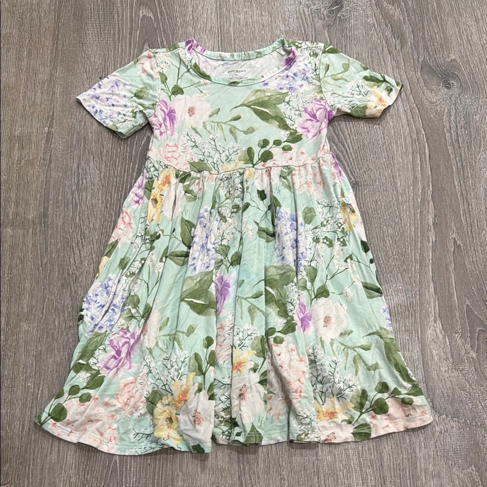 Posh peanut “Erin” print- Floral Kids Dress in Green and Purple